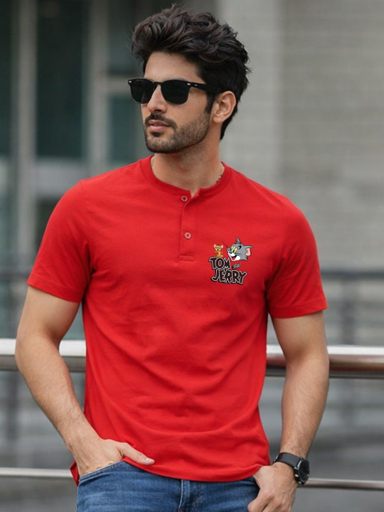 Minute Mirth Men Tom & Jerry Printed Cotton Henley Neck T-Shirt (Red, Pack Of 1)