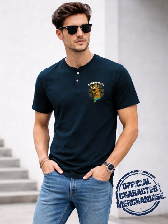 Minute Mirth Men Scooby-Doo Printed Cotton Henley Neck T-Shirt (Navy Blue, Pack Of 1)