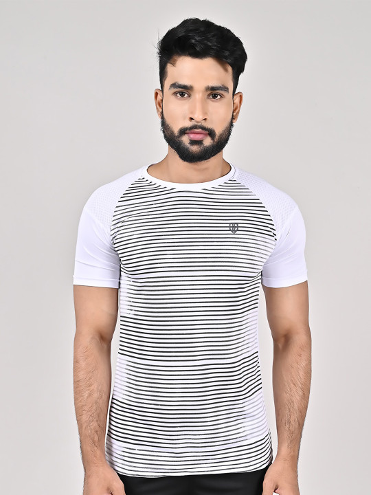GAME BEGINS Men Polyester Striped Half Sleeve T-Shirt (White, Pack of 1)