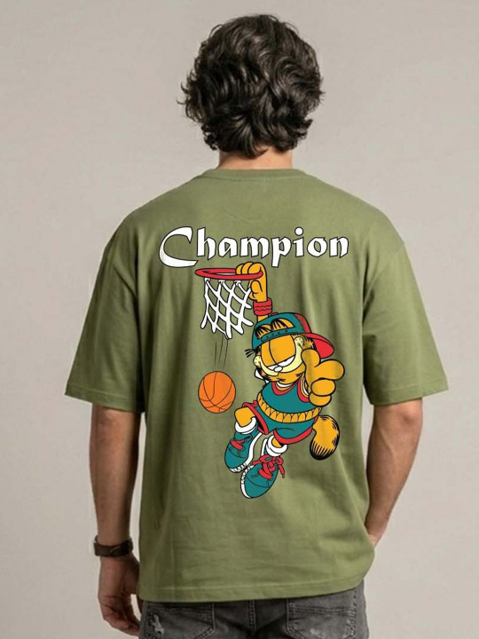 Minute Mirth Men Garfield Printed Drop-Shoulder Oversized T-shirt with Pockets (Olive Green, Pack of 1)