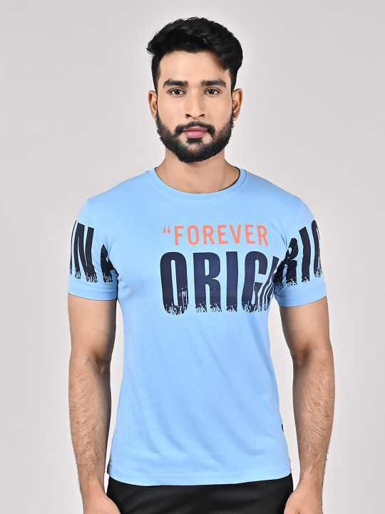 GAME BEGINS Men Typography Pure Cotton T-shirt (Blue, Pack of 1)