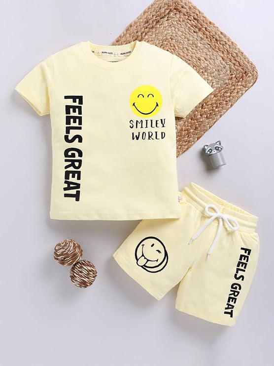 Happy Faces Boy’s Smiley World Printed Pure Cotton T-shirt with Shorts Set (Yellow, Pack of 1)