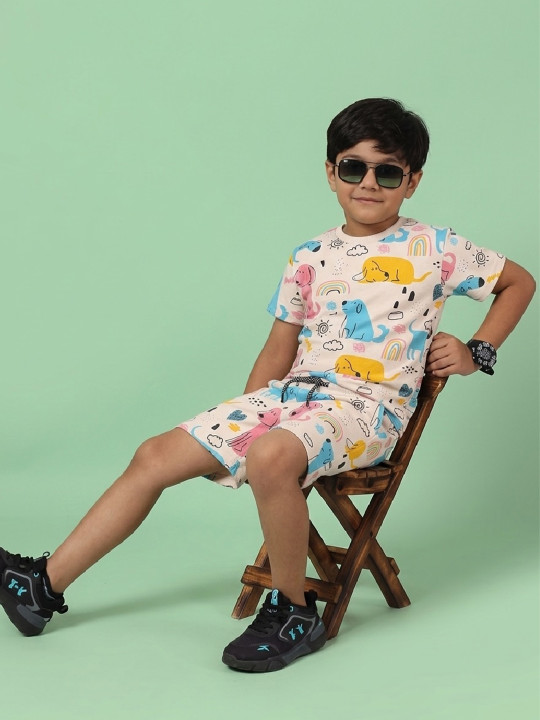 Happy Faces Boys Pure Cotton Printed T-shirt with Shorts Clothing Set (Pink, Pack Of 1)