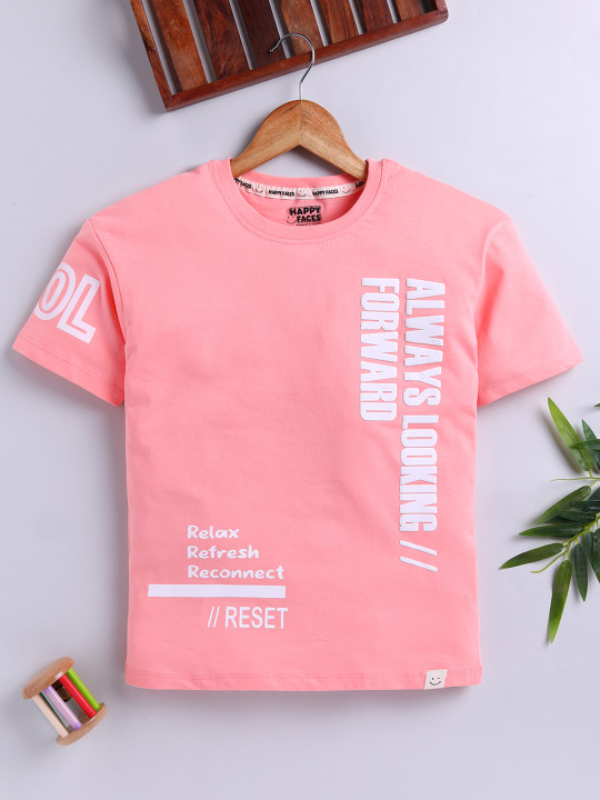 Happy Faces Boy’s Abstract Printed Pure Cotton Oversized T-shirt (Peach, Pack Of 1)