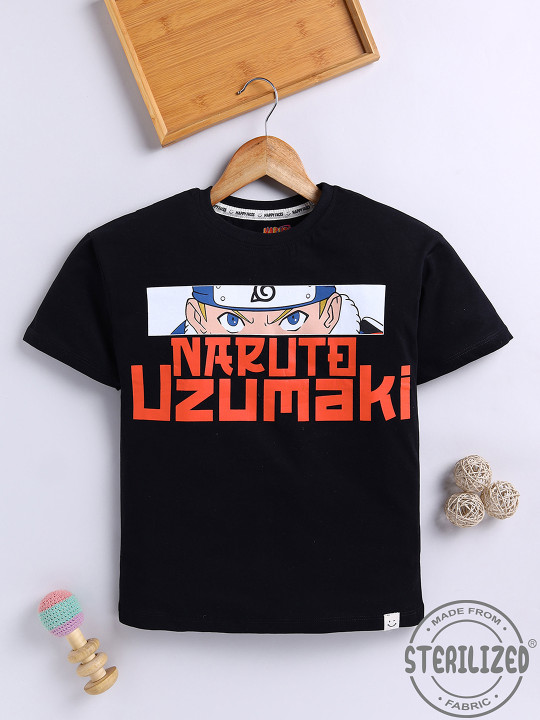 Happy Faces Boys Round Neck Short Sleeve Pure Cotton Naruto Printed Oversized T-Shirt (Black, Pack of 1)