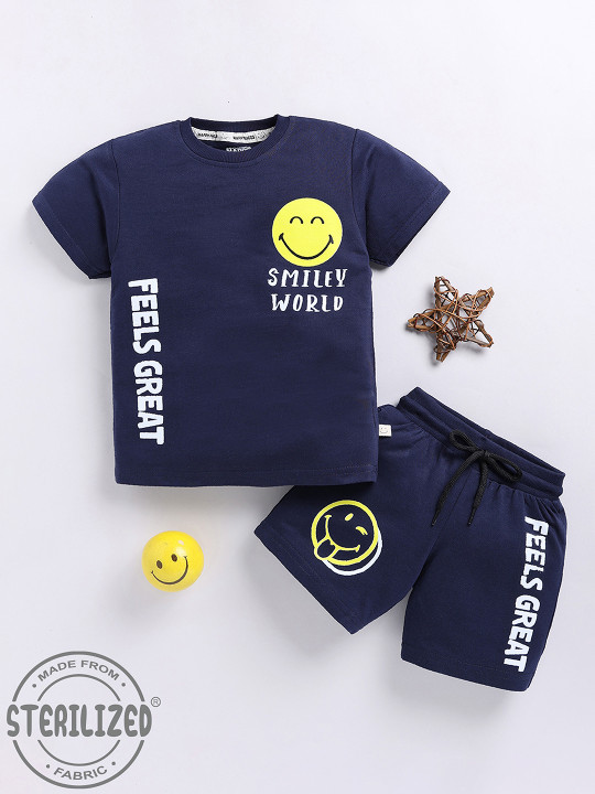 Happy Faces Boy’s Smiley World Printed Pure Cotton T-shirt with Shorts Set (Navy Blue, Pack of 1)