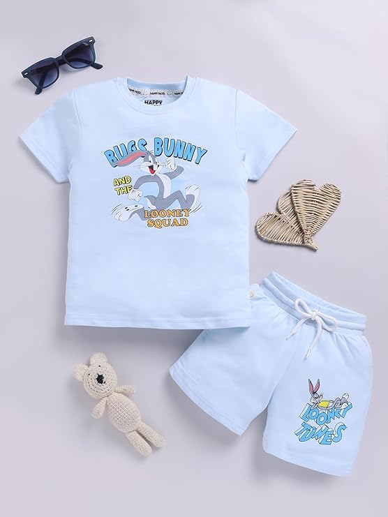 Happy Faces Boy’s Looney Tunes Printed Pure Cotton T-shirt with Shorts Set (Blue, Pack of 1)