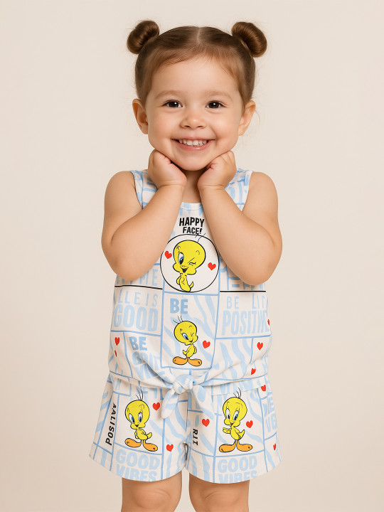 Happy Faces Looney Tunes Printed Top with Round Neck Sleeveless Shorts Co-Ord Pure Cotton Set (Blue & White, Pack of 1)