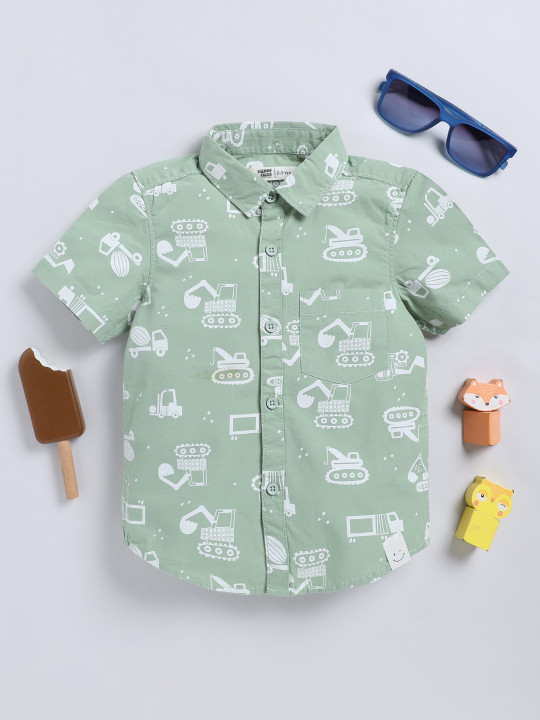 Happy Faces Boy’s Printed Pure Cotton Casual Shirt (Olive Green, Pack of 1)
