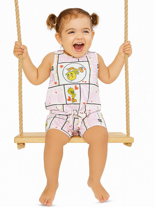 Happy Faces Girl’s Looney Tunes Printed Pure Cotton Top with Shorts Set (Pink & White, Pack of 1)