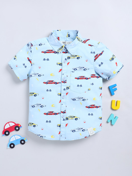 Happy Faces Boy’s Printed Pure Cotton Casual Shirt (Blue, Pack of 1)