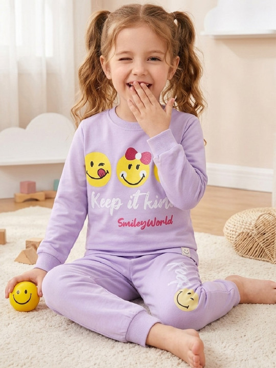 Happy Faces Girl’s Smiley World Printed Pure Cotton T-shirt with Joggers Set (Lavender & Yellow, Pack of 1)