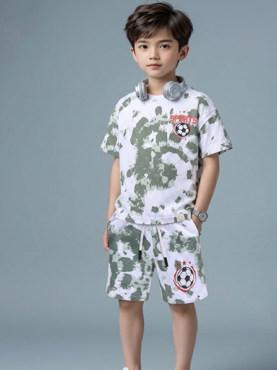 Happy Faces Boy’s Tie and Dye Printed Pure Cotton T-shirt with Shorts Set (White & Green, Pack of 1)