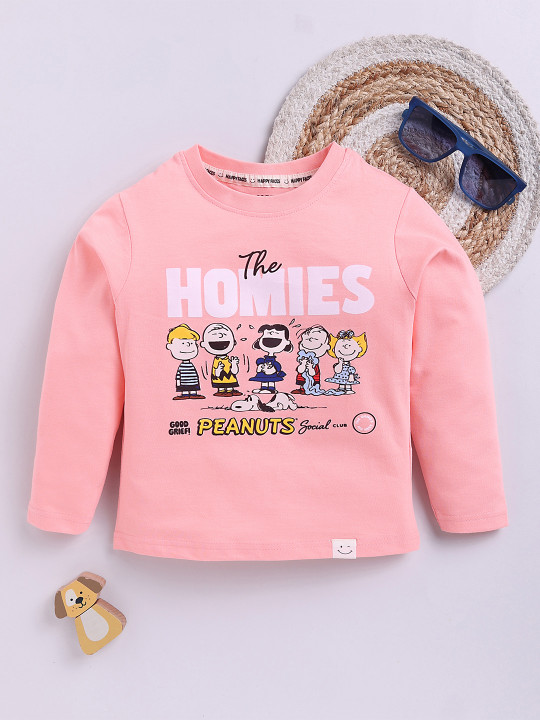 Happy Faces Girl’s Peanuts Printed Pure Cotton T-shirt (Pink & White, Pack of 1)