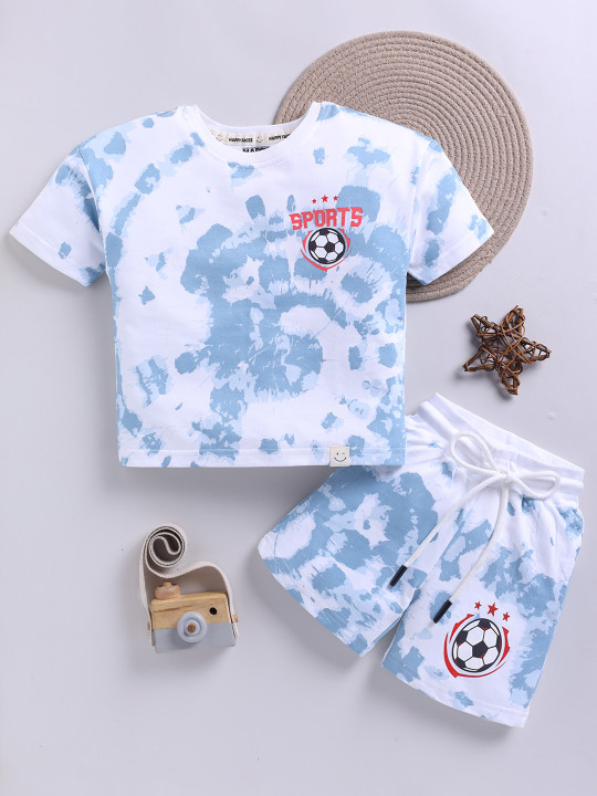 Happy Faces Boy’s Tie and Dye Printed Pure Cotton T-shirt with Shorts Set (White & Blue, Pack of 1)