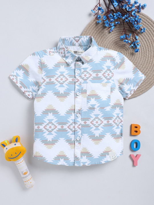 Happy Faces Boy’s Geometric Printed Pure Cotton Casual Shirt (White, Pack of 1)