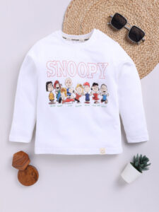 Happy Faces Boy's Snoopy Printed Pure Cotton T-shirt (White & Lavender, Pack of 1)