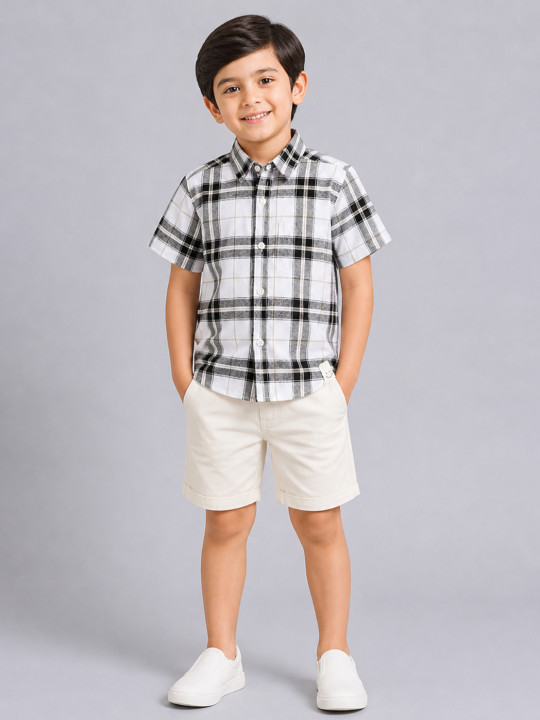 Happy Faces Boy’s Windowpane Checked Pure Cotton Casual Shirt (White, Pack of 1)