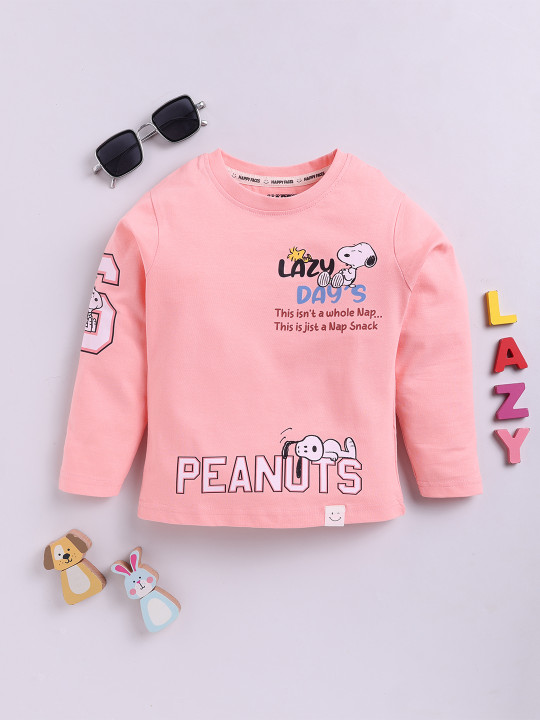 Happy Faces Girl’s Snoopy Printed Pure Cotton T-shirt (Pink, Pack of 1)