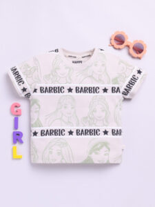 Happy Faces Girls Barbie Typography Printed Pure Cotton T-Shirt (Taupe, Pack Of 1)