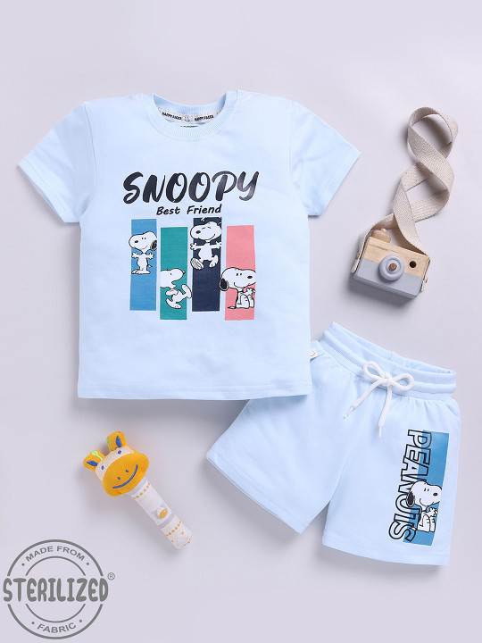 Happy Faces Boy’s Peanuts Printed Pure Cotton T-shirt with Shorts Set (Blue, Pack of 1)