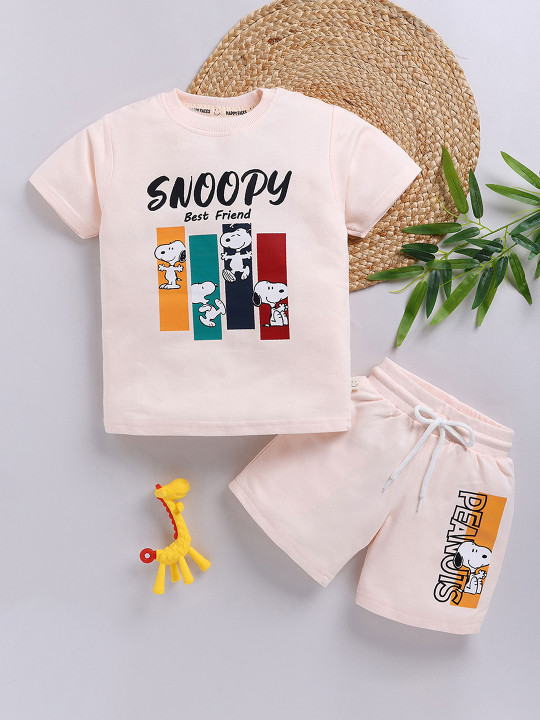 Happy Faces Boy’s Peanuts Printed Pure Cotton T-shirt with Shorts Set (Orange, Pack of 1)