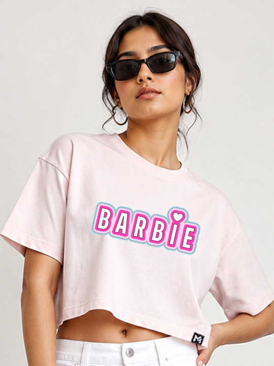 Minute Mirth Women’s Polyester Barbie Brand Logo Printed Boxy Crop T-shirt (Pink, Pack Of 1)
