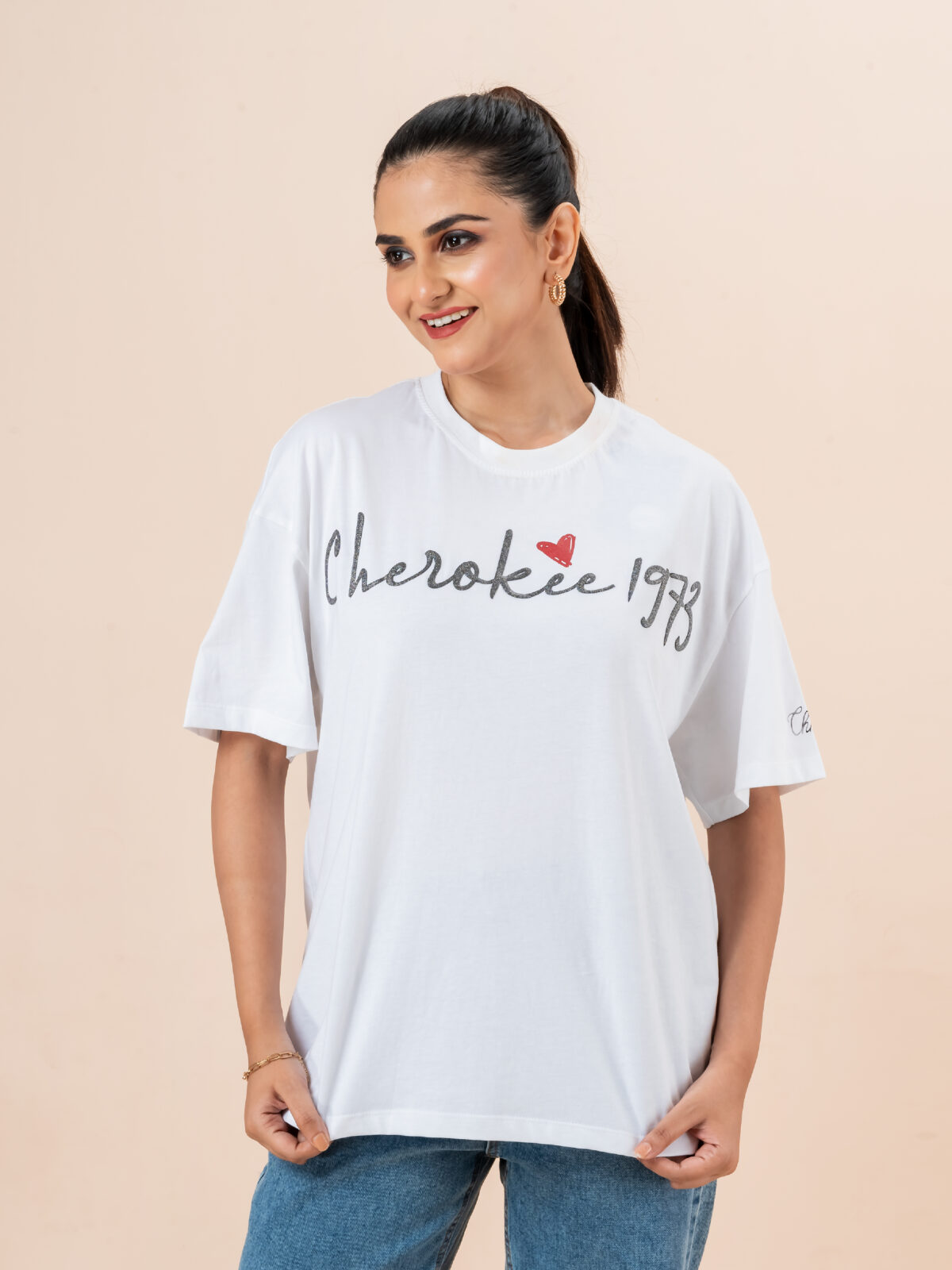 CHEROKEE Women’s Cotton Blend Graphic Print Oversized T-shirt (White, Pack Of 1)