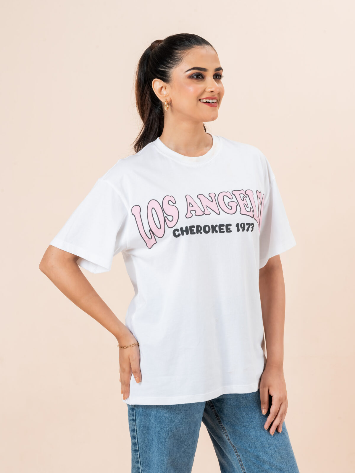 CHEROKEE Women’s Cotton Blend Graphic Print Oversized T-shirt (White, Pack Of 1)