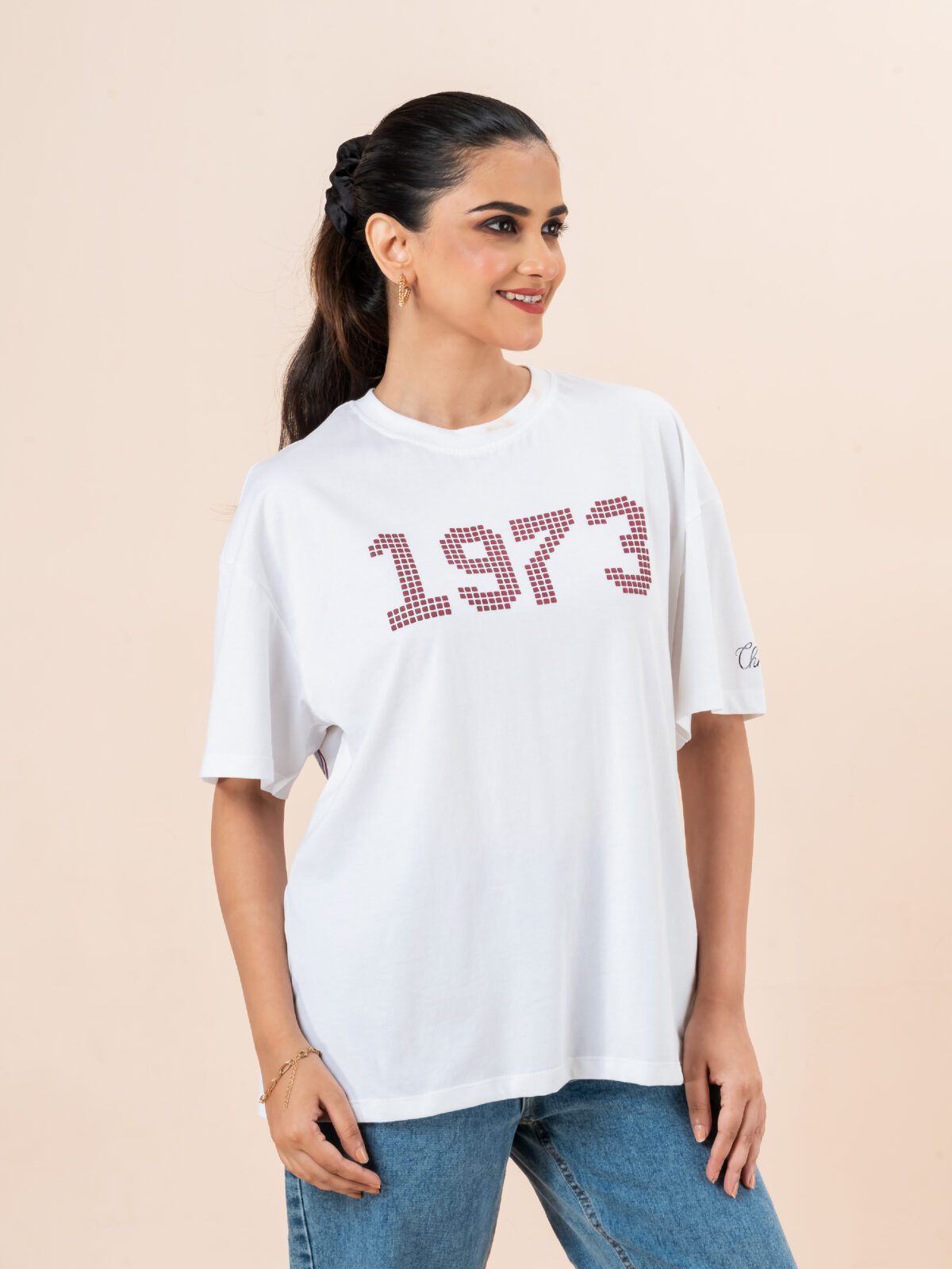 CHEROKEE Women’s Cotton Blend Graphic Print Oversized T-shirt (White, Pack Of 1)