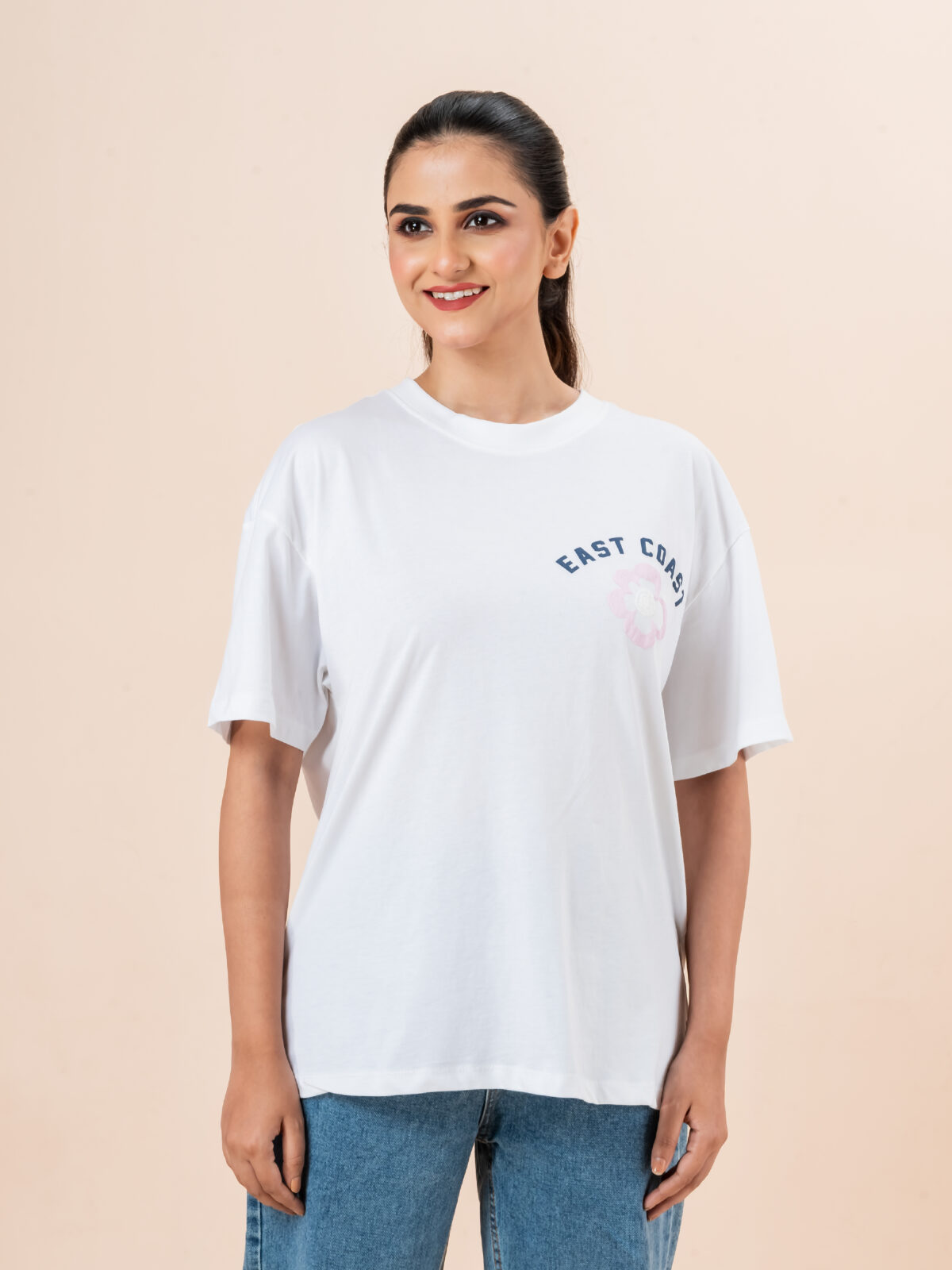 CHEROKEE Women’s Cotton Blend Graphic Print Oversized T-shirt (White, Pack Of 1)