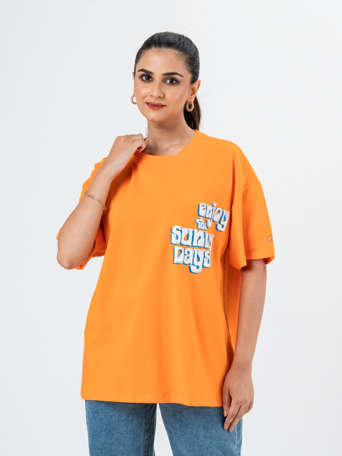 CHEROKEE Women’s Cotton Blend Graphic Print Oversized T-shirt (Orange, Pack Of 1)