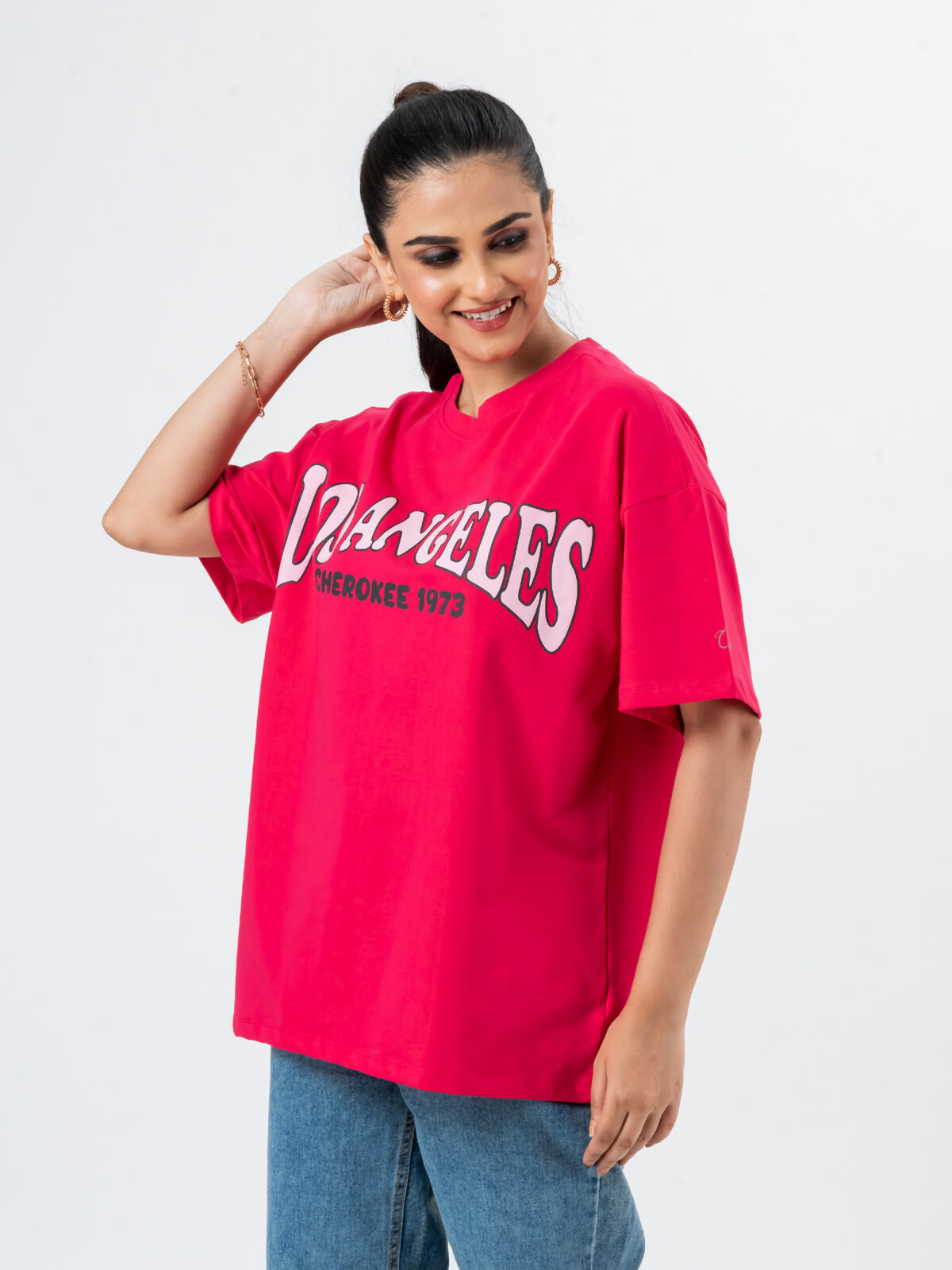 CHEROKEE Women’s Cotton Blend Graphic Print Oversized T-shirt (Pink, Pack Of 1)