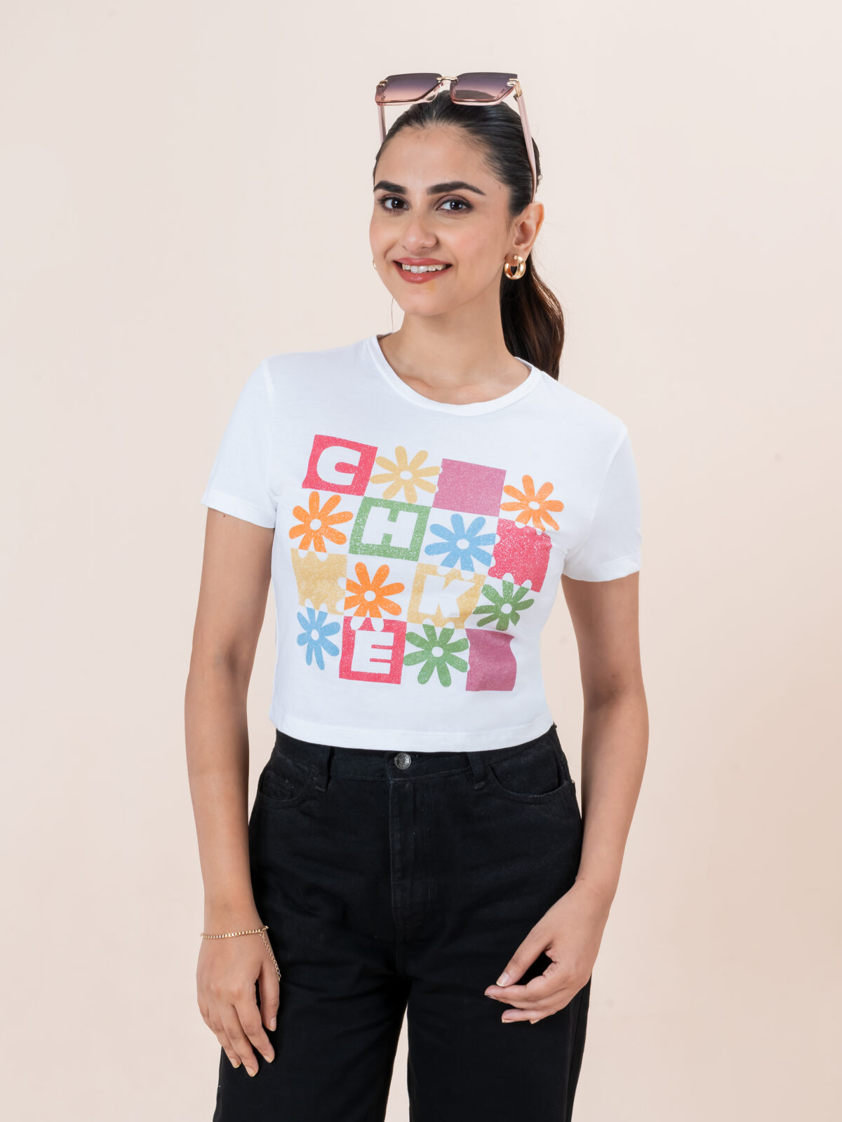 CHEROKEE Women’s Cotton Blend Floral Graphic Print Cropped T-shirt (White, Pack Of 1)