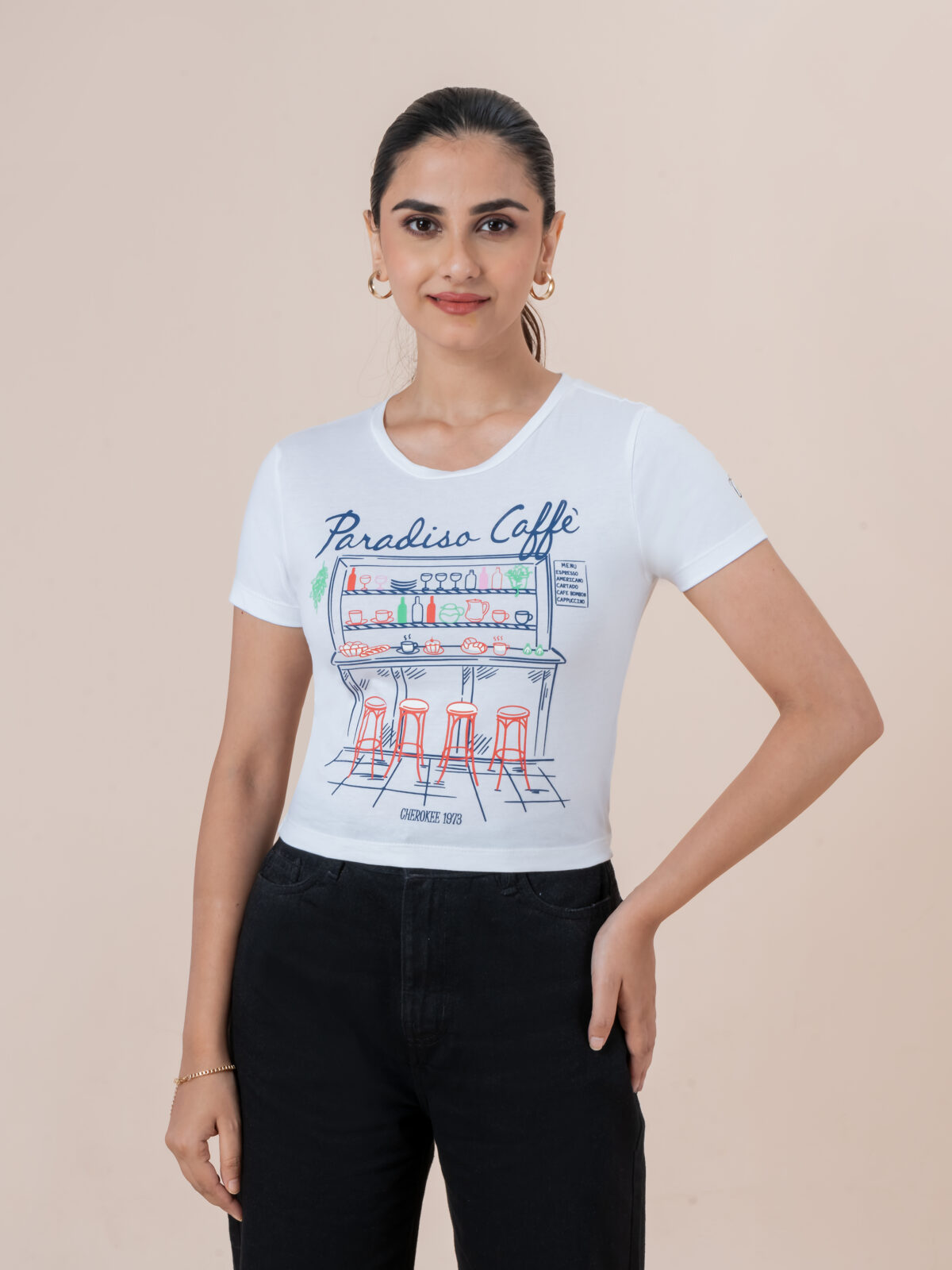 CHEROKEE Women’s Cotton Blend Paradiso Caffè Graphic Print Cropped T-shirt (White, Pack Of 1)