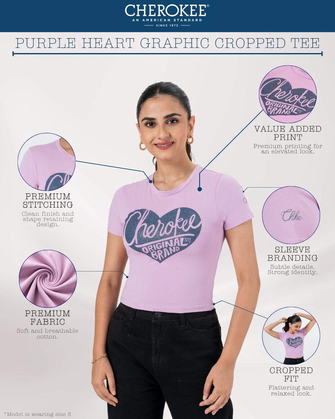 CHEROKEE Women’s Cotton Blend Heart Graphic Print Cropped T-shirt (Purple, Pack Of 1)