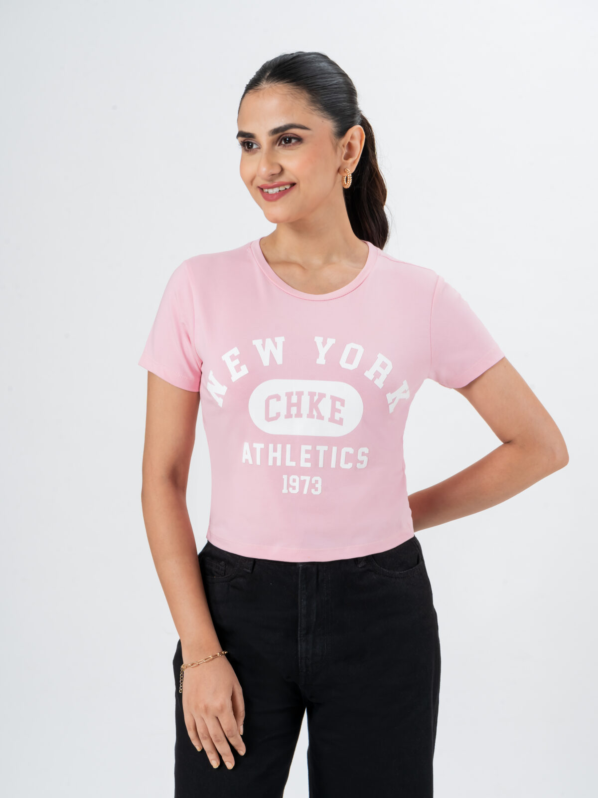 CHEROKEE Women’s Cotton Blend New York Graphic Print Cropped T-shirt (Powder Pink, Pack Of 1)