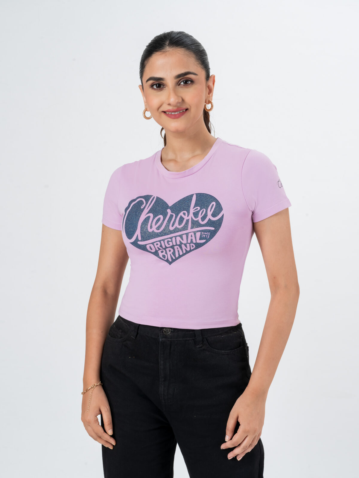CHEROKEE Women’s Cotton Blend Heart Graphic Print Cropped T-shirt (Purple, Pack Of 1)