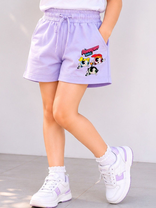 Minute Mirth Girls’ Cotton Powerpuff Girls Printed Regular Shorts (Mauve, Pack Of 1)