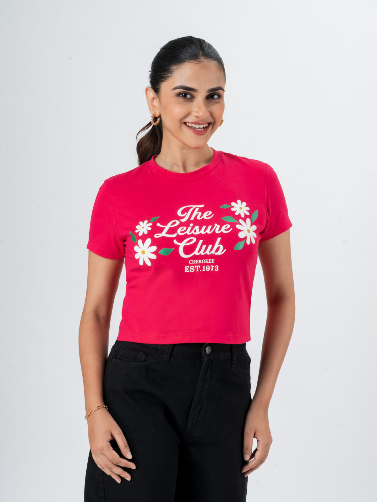 CHEROKEE Women’s Cotton Blend Floral Leisure Club Graphic Print Cropped T-shirt (Love Pink, Pack Of 1)