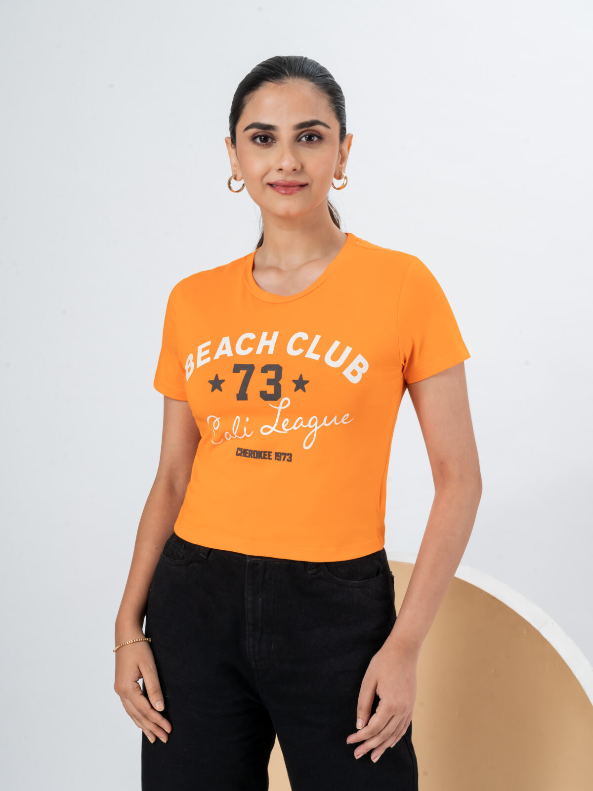 CHEROKEE Women’s Cotton Blend Beach Club Graphic Print Cropped T-shirt (Orange, Pack Of 1)