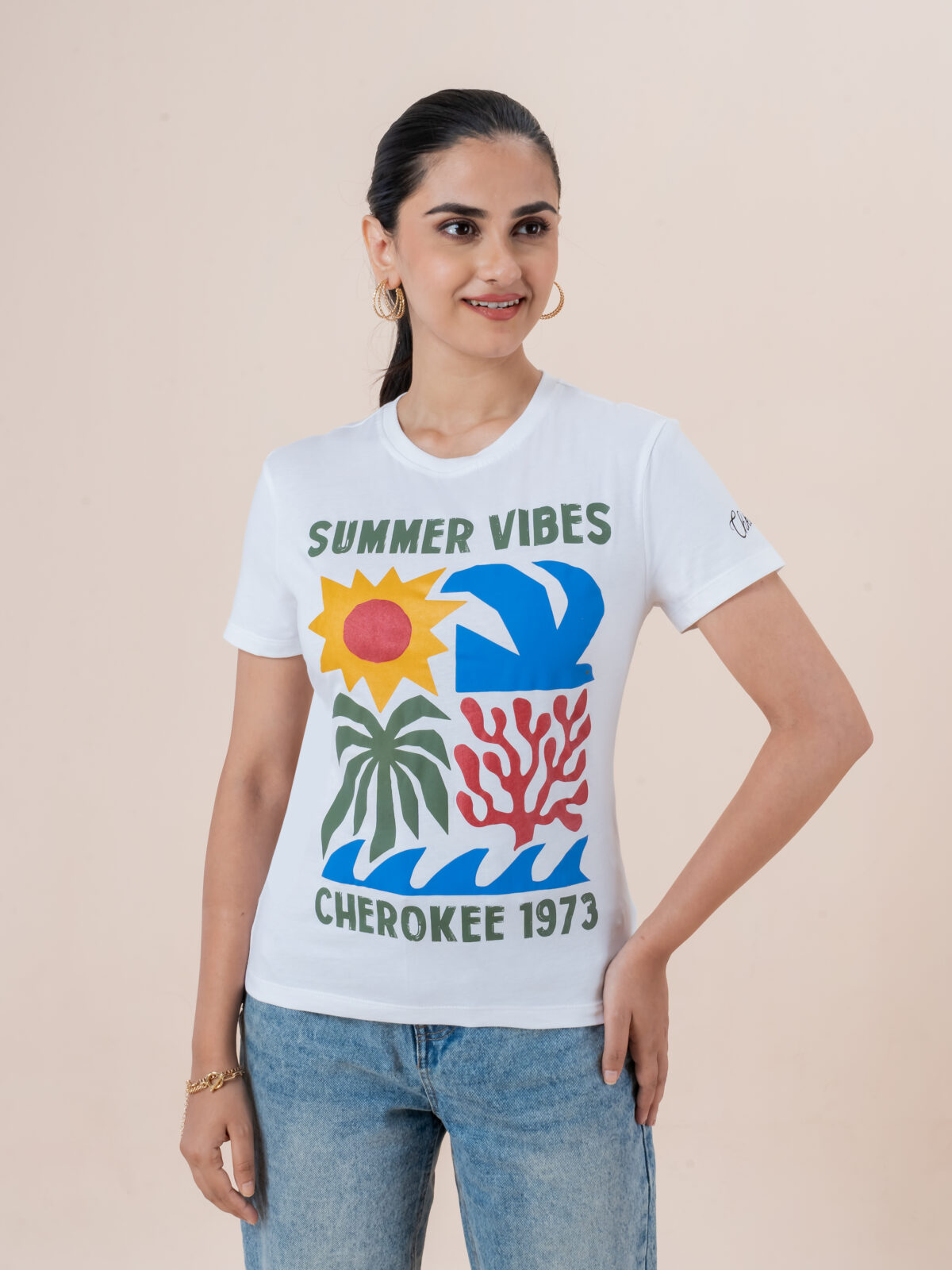 CHEROKEE Women’s Cotton Blend Summer Vibes Graphic Regular Fit T-shirt (White, Pack Of 1)