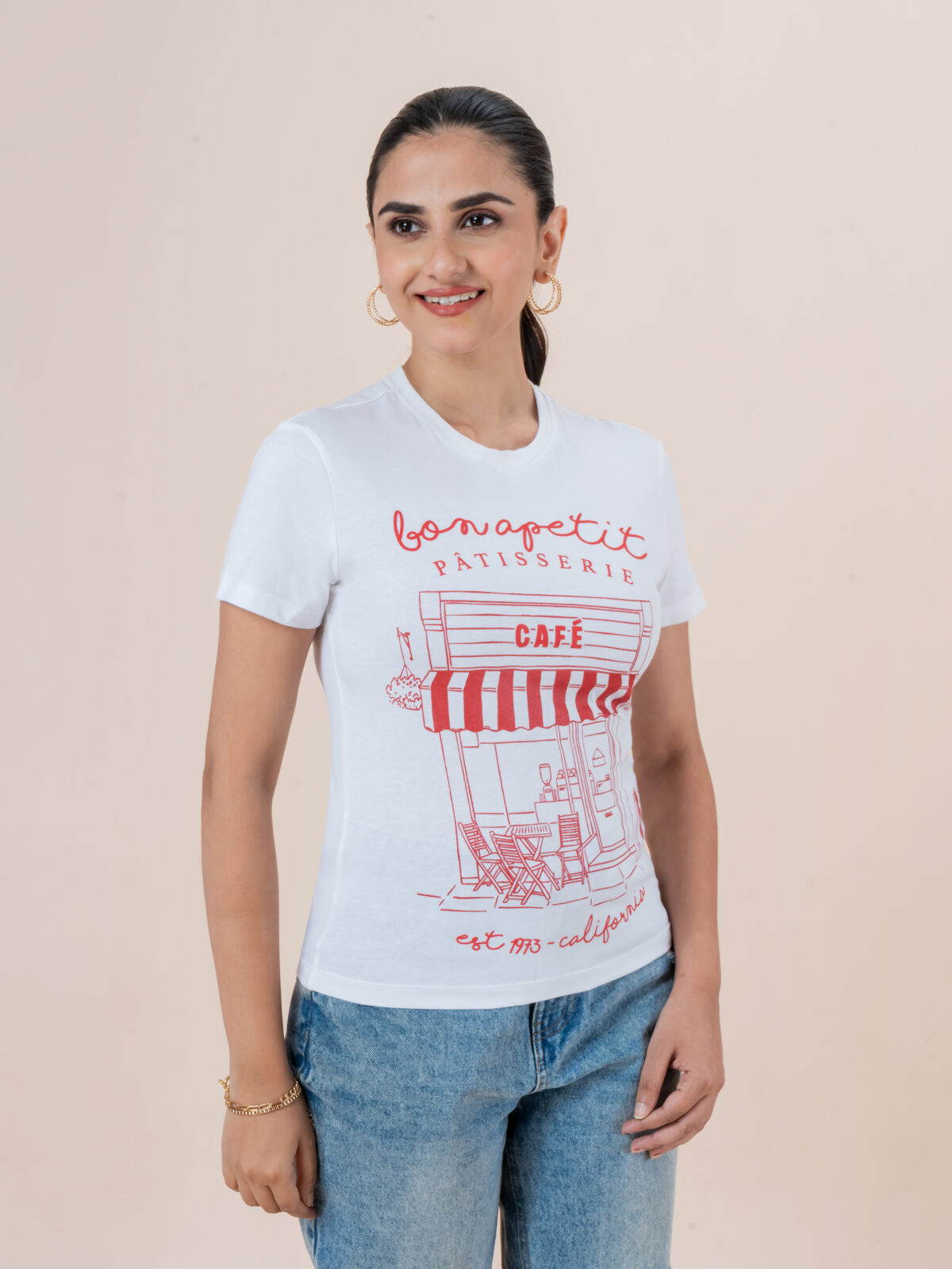 CHEROKEE Women’s Cotton Blend Bon Appetit Graphic Regular Fit T-shirt (White, Pack Of 1)