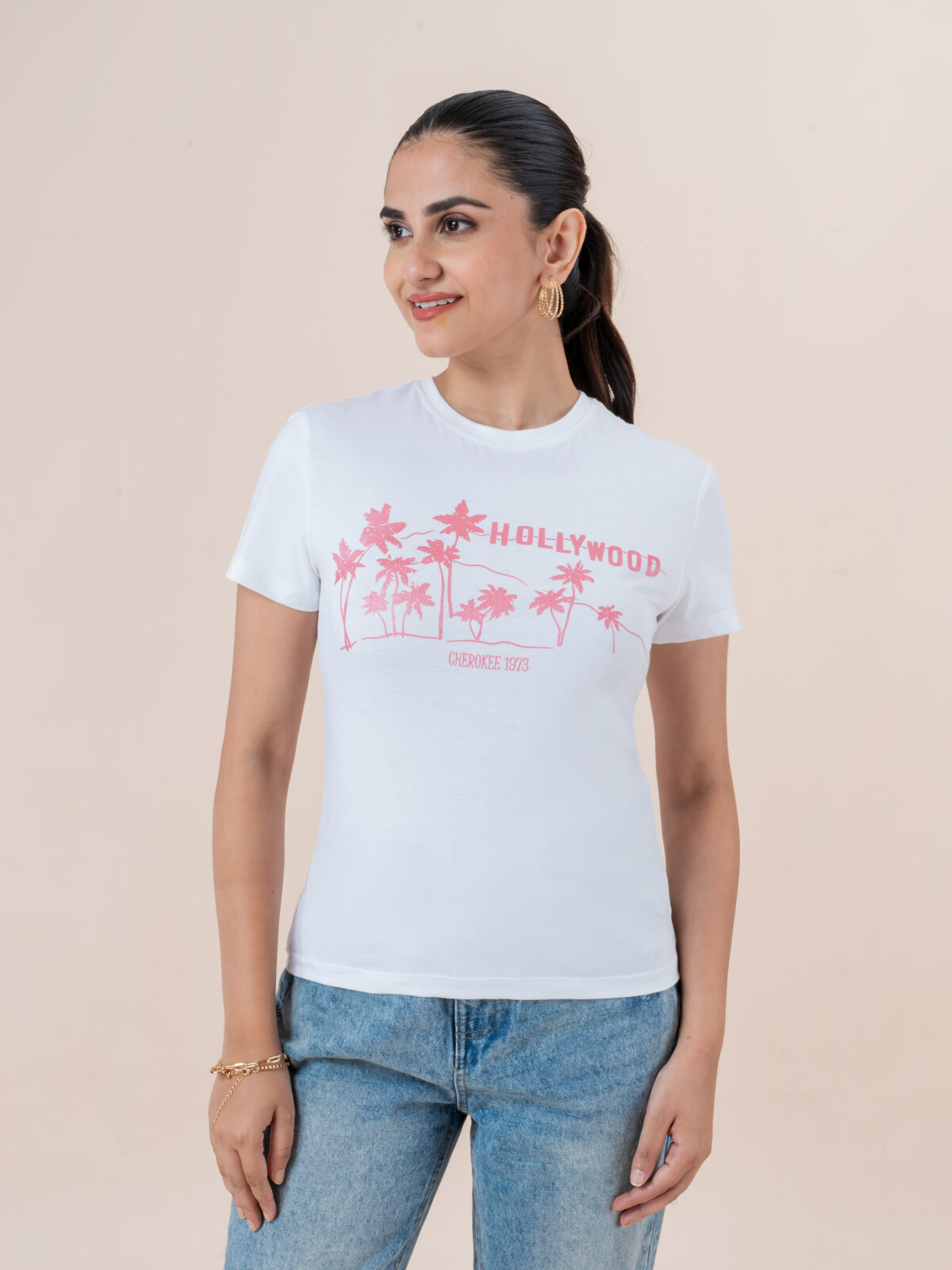 CHEROKEE Women’s Cotton Blend Hollywood Graphic Regular Fit T-shirt (White, Pack Of 1)