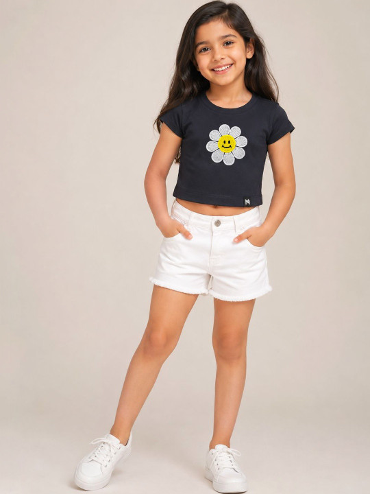 Minute Mirth Girls’ Cotton Smiley World Printed Embroidered Crop T-shirt (Navy Blue, Pack Of 1)