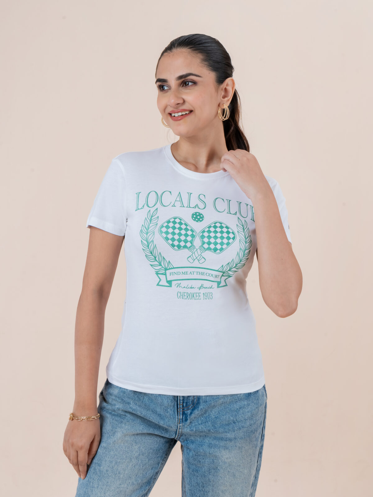 CHEROKEE Women’s Cotton Blend Locals Club Graphic Regular Fit T-shirt (White, Pack Of 1)