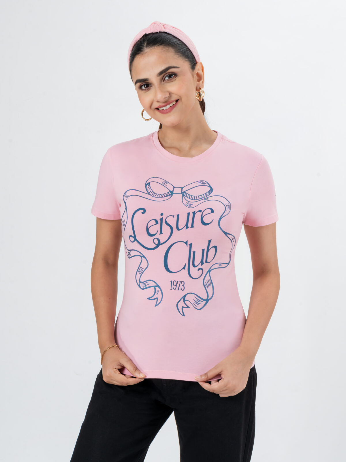 CHEROKEE Women’s Cotton Blend Leisure Club Graphic Regular Fit T-shirt (Powder Pink, Pack Of 1)