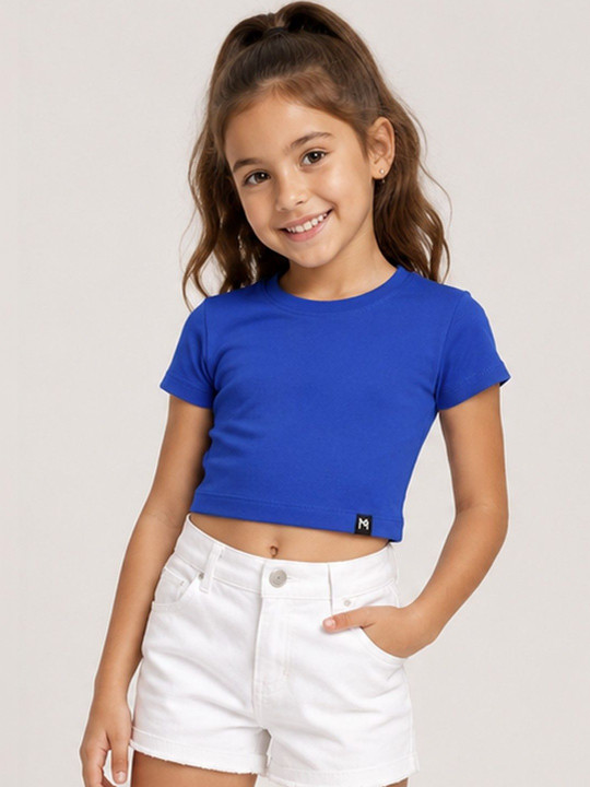 Minute Mirth Girls’ Cotton Solid Crop T-shirt (Blue, Pack Of 1)