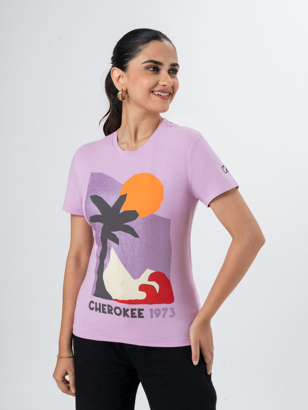 CHEROKEE Women’s Cotton Blend Scenery Graphic Regular Fit T-shirt (Purple, Pack Of 1)