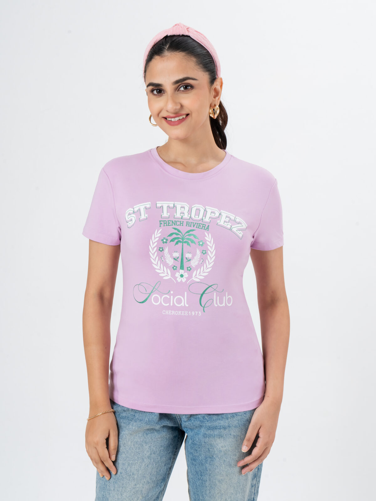 CHEROKEE Women’s Cotton Blend St. Tropez Graphic Regular Fit T-shirt (Purple, Pack Of 1)